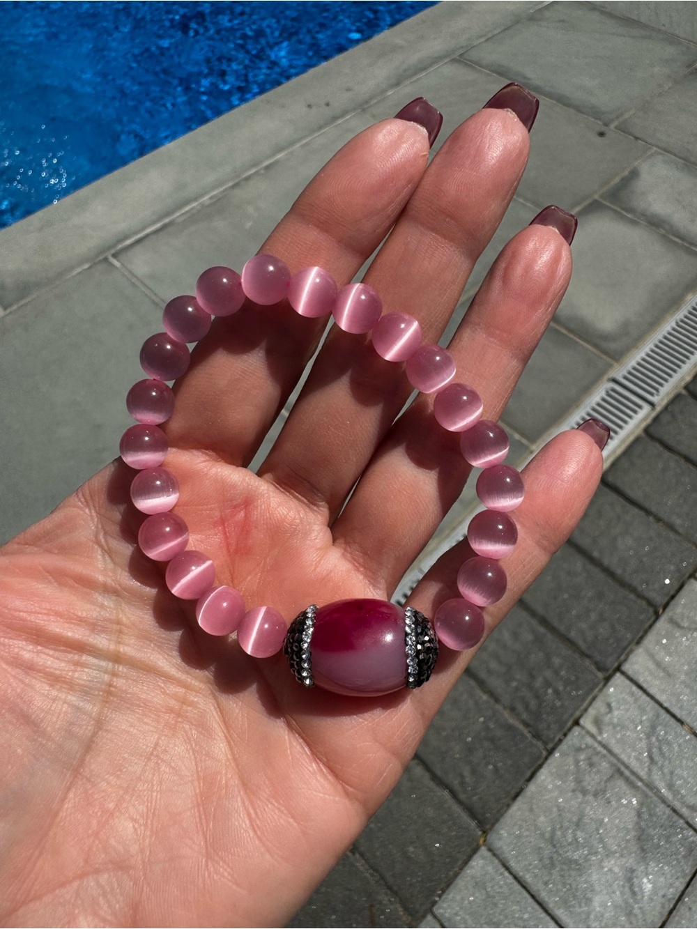 Rose Pink Beaded Stretch Bracelet with Decorative Accent